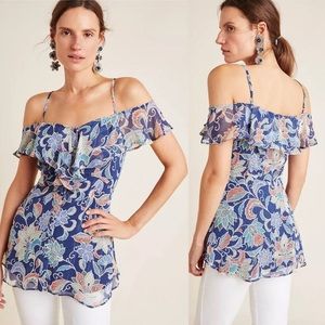 MAEVE by Anthropologie floral tunic blouse cold shoulder blouse top blue size 12